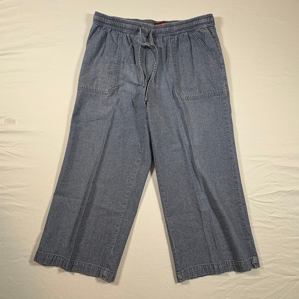 Merona Womens Medium Blue Cotton Chambray Drawstring Elastic Wide Leg Crop Pants